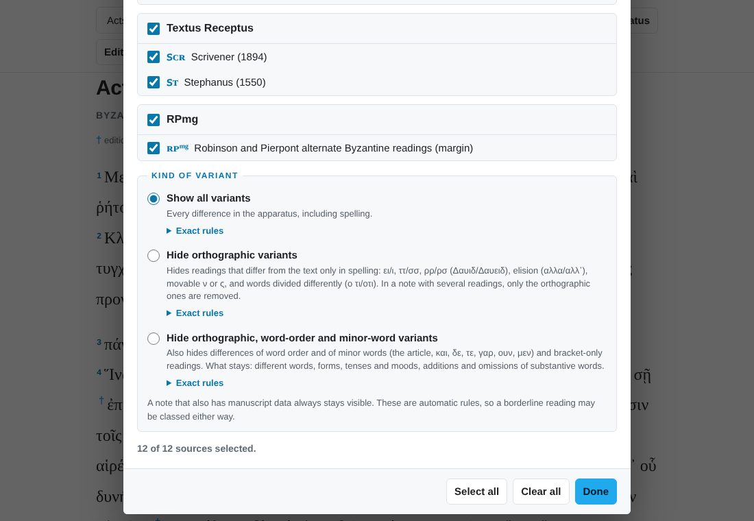 The Choose editions dialog with the Byzantine family and Critical text groups ticked