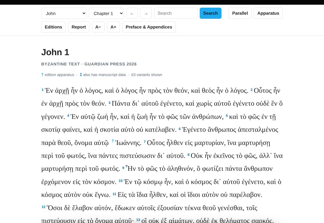 The reader showing John 1 with the toolbar across the top and a tapped word highlighted