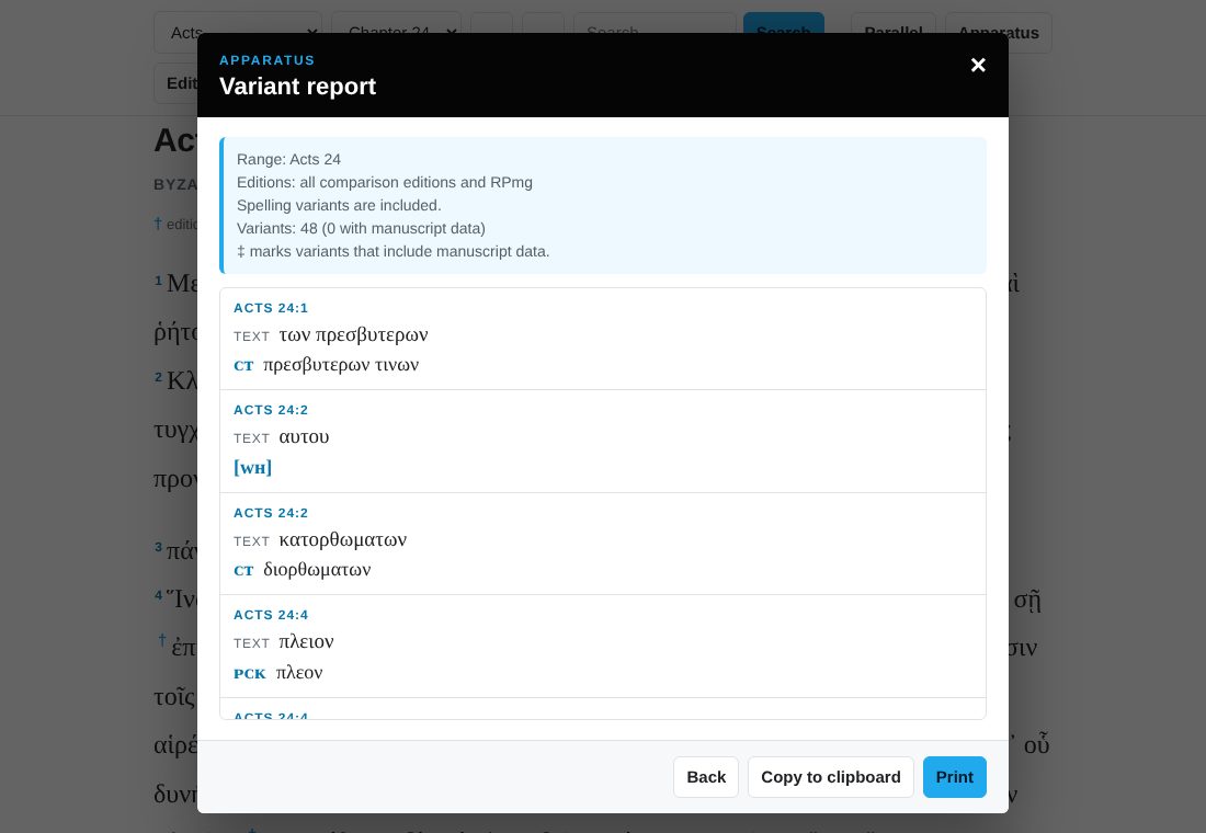 A variant report for Acts 24 with TEXT and one reading per line